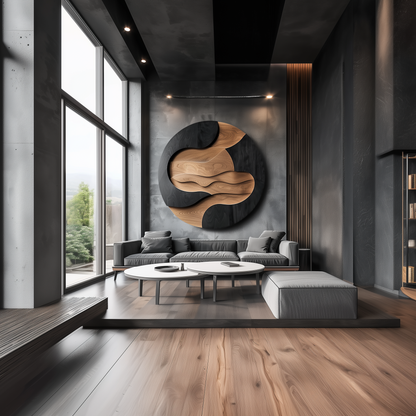 Large Round Wooden Wall Sculpture, Layered Wave Carving, Black & Natural Wood Modern Abstract Wall Art, Luxury Statement Decor