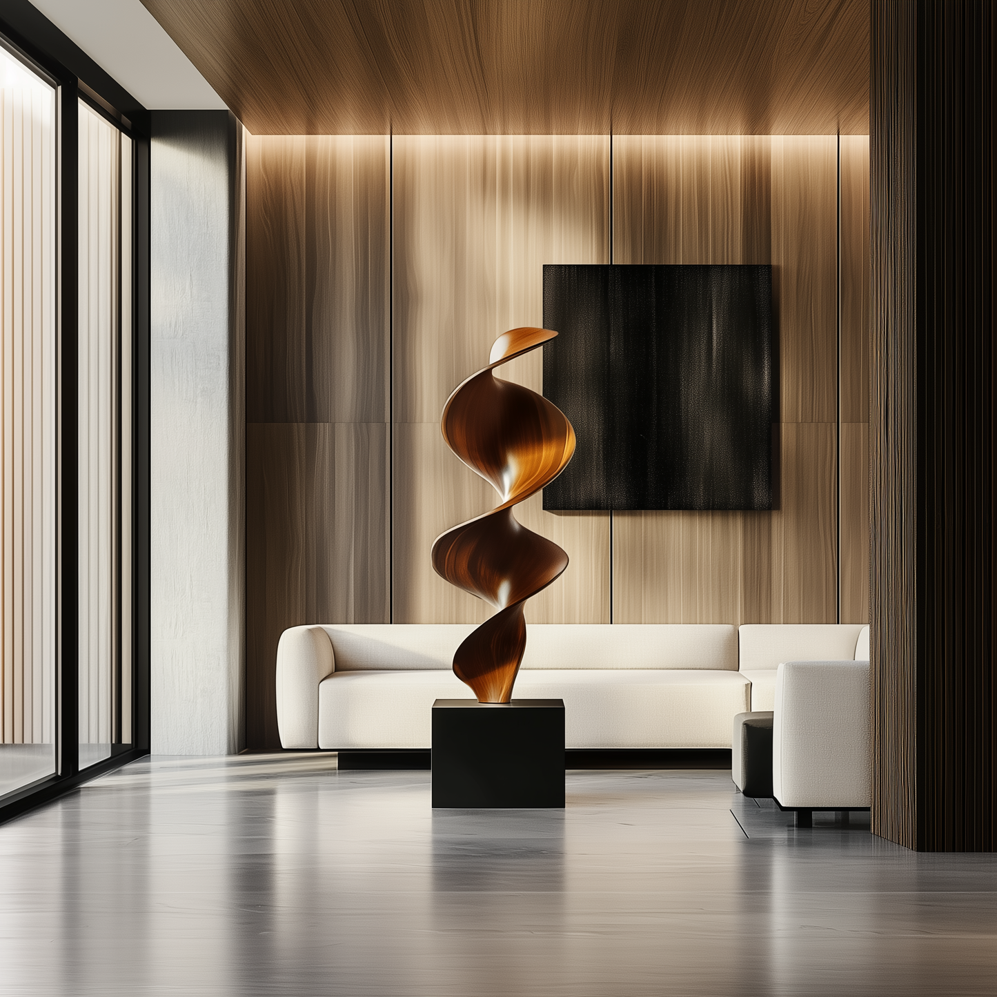 Tall Spiral Wave Wooden Sculpture – Handmade Modern Abstract Layered Twist | Solid Wood Polished Floor Art Contemporary Home Decor