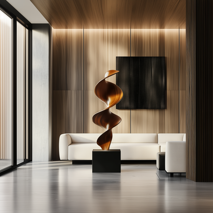Tall Spiral Wave Wooden Sculpture – Handmade Modern Abstract Layered Twist | Solid Wood Polished Floor Art Contemporary Home Decor