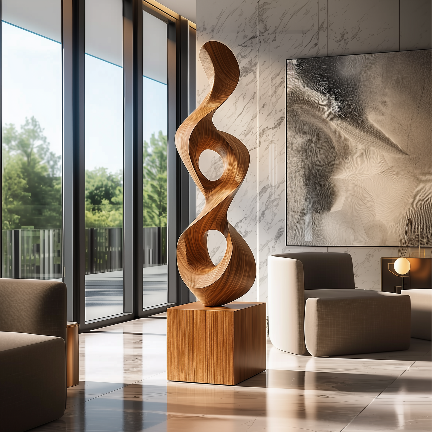 Luxury Hand Carved Wooden Infinity Sculpture, Tall Abstract Spiral Wood Art, Modern Statement Floor Decor, Solid Wood Contemporary Sculpture