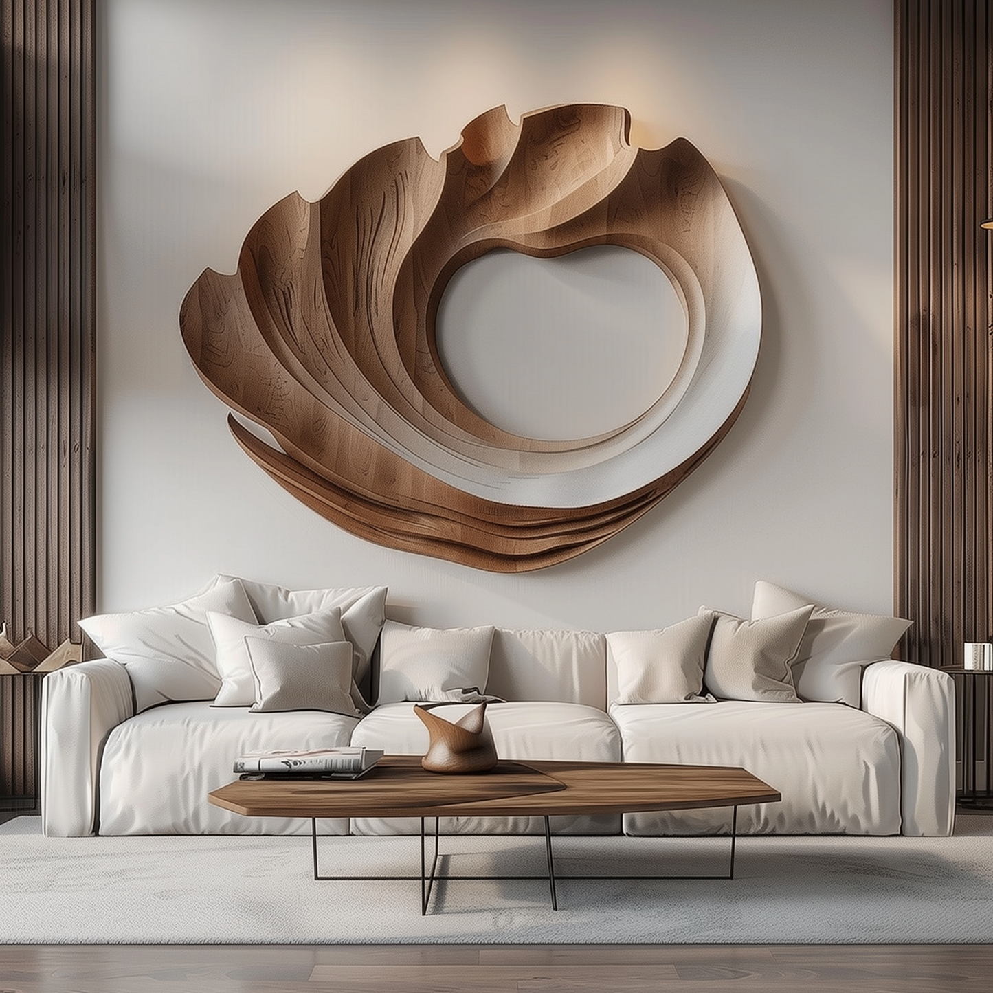Hand-Carved Wooden Spiral Wave Wall Sculpture, Large 3D Abstract Hollow Circle Art, Modern Organic Luxury Statement Home Decor