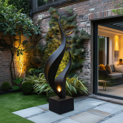 Hand Carved Black Flame Sculpture Tall Abstract Infinity Wood Art Outdoor Garden Statement Piece Modern Luxury Decor Large Floor Artwork