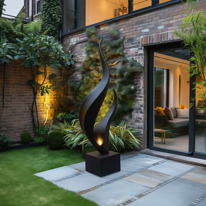Hand Carved Black Flame Sculpture Tall Abstract Infinity Wood Art Outdoor Garden Statement Piece Modern Luxury Decor Large Floor Artwork