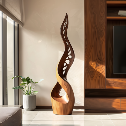 Tall Wooden Sculpture with Cutout Design – Handmade Modern Abstract Double Twist | Solid Wood Organic Carved Floor Art Home Decor