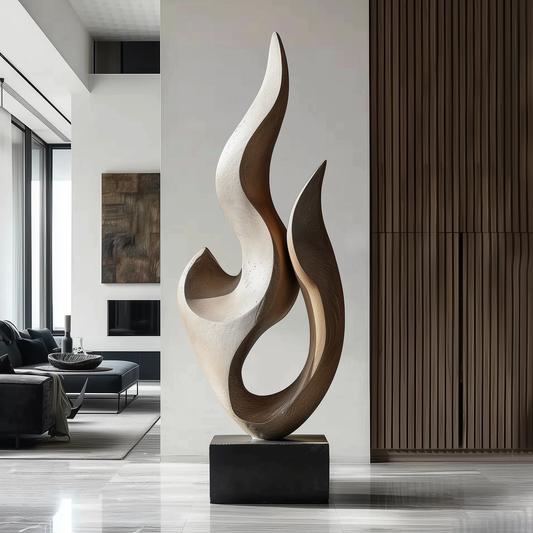 Hand Carved Abstract Wooden Flame Sculpture, Modern Two Tone Organic Twist Art, Luxury Large Statement Floor Decor, Contemporary Wood Artwork