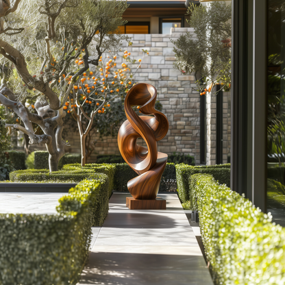 Large Abstract Wooden Sculpture – Handmade Modern Twisted Loop Design | Solid Wood Polished Outdoor Garden Art Contemporary Decor