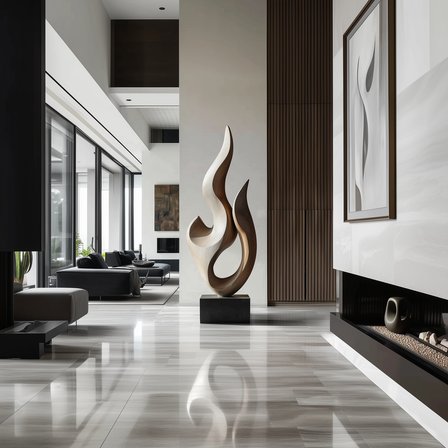 Hand Carved Abstract Wooden Flame Sculpture, Modern Two Tone Organic Twist Art, Luxury Large Statement Floor Decor, Contemporary Wood Artwork