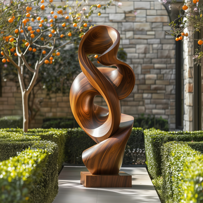 Large Abstract Wooden Sculpture – Handmade Modern Twisted Loop Design | Solid Wood Polished Outdoor Garden Art Contemporary Decor