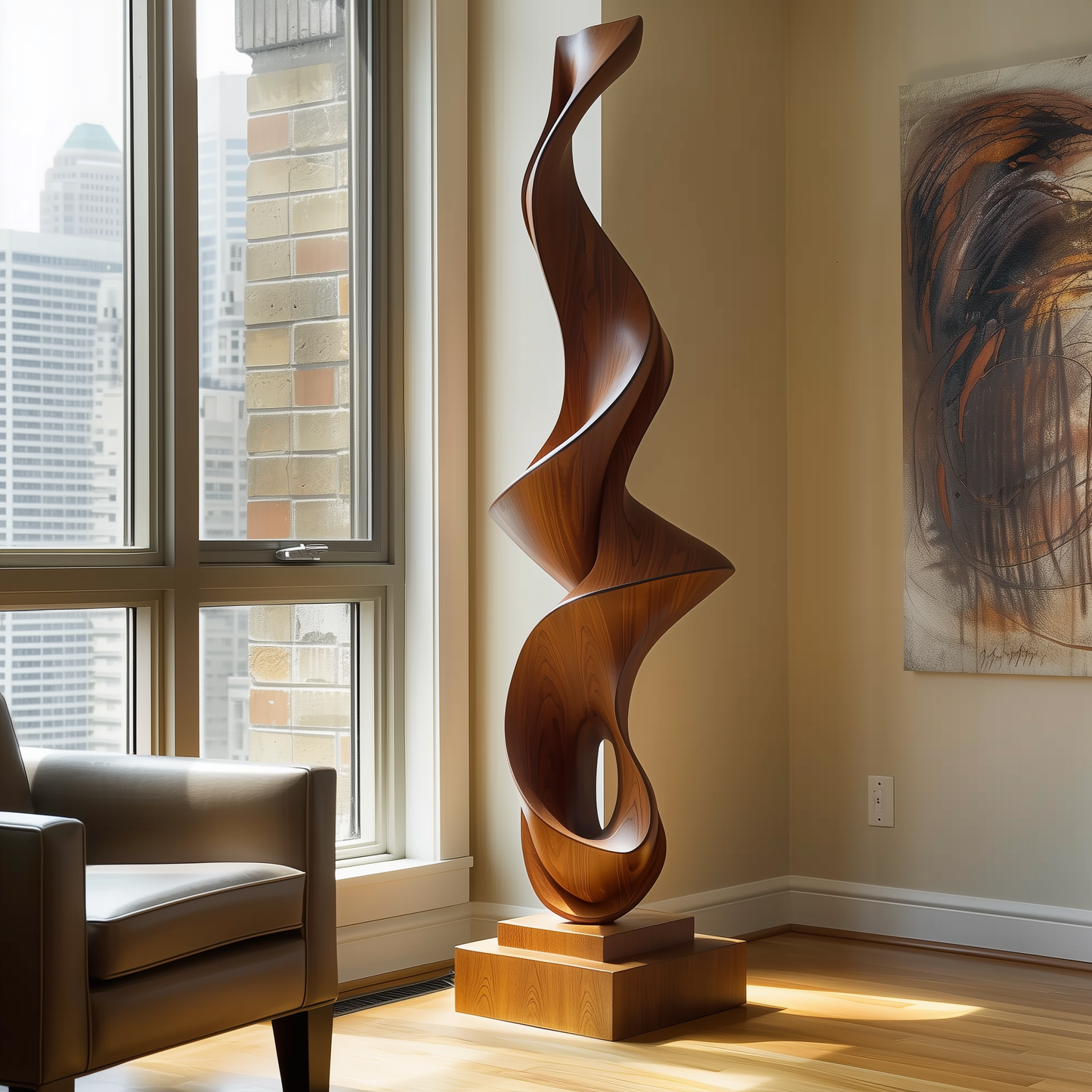 Hand Carved Tall Wooden Flame Twist Sculpture with Hollow Loop, Modern Abstract Floor Art, Luxury Statement Decor, Organic Wood Form