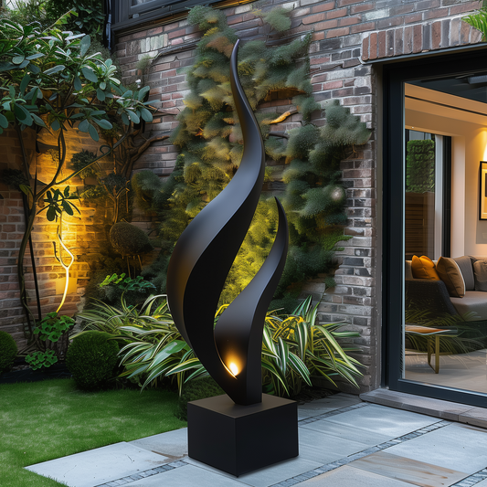 Hand Carved Black Flame Sculpture Tall Abstract Infinity Wood Art Outdoor Garden Statement Piece Modern Luxury Decor Large Floor Artwork