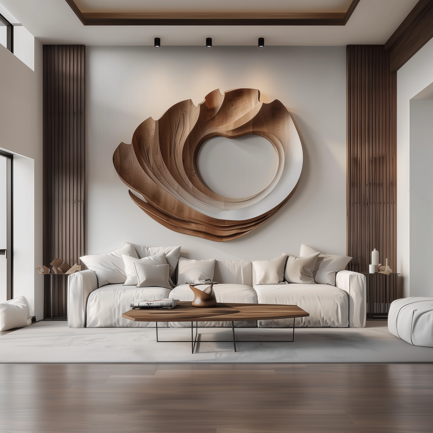 Hand-Carved Wooden Spiral Wave Wall Sculpture, Large 3D Abstract Hollow Circle Art, Modern Organic Luxury Statement Home Decor