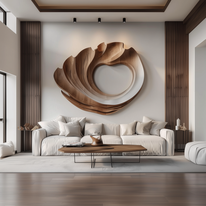 Hand-Carved Wooden Spiral Wave Wall Sculpture, Large 3D Abstract Hollow Circle Art, Modern Organic Luxury Statement Home Decor
