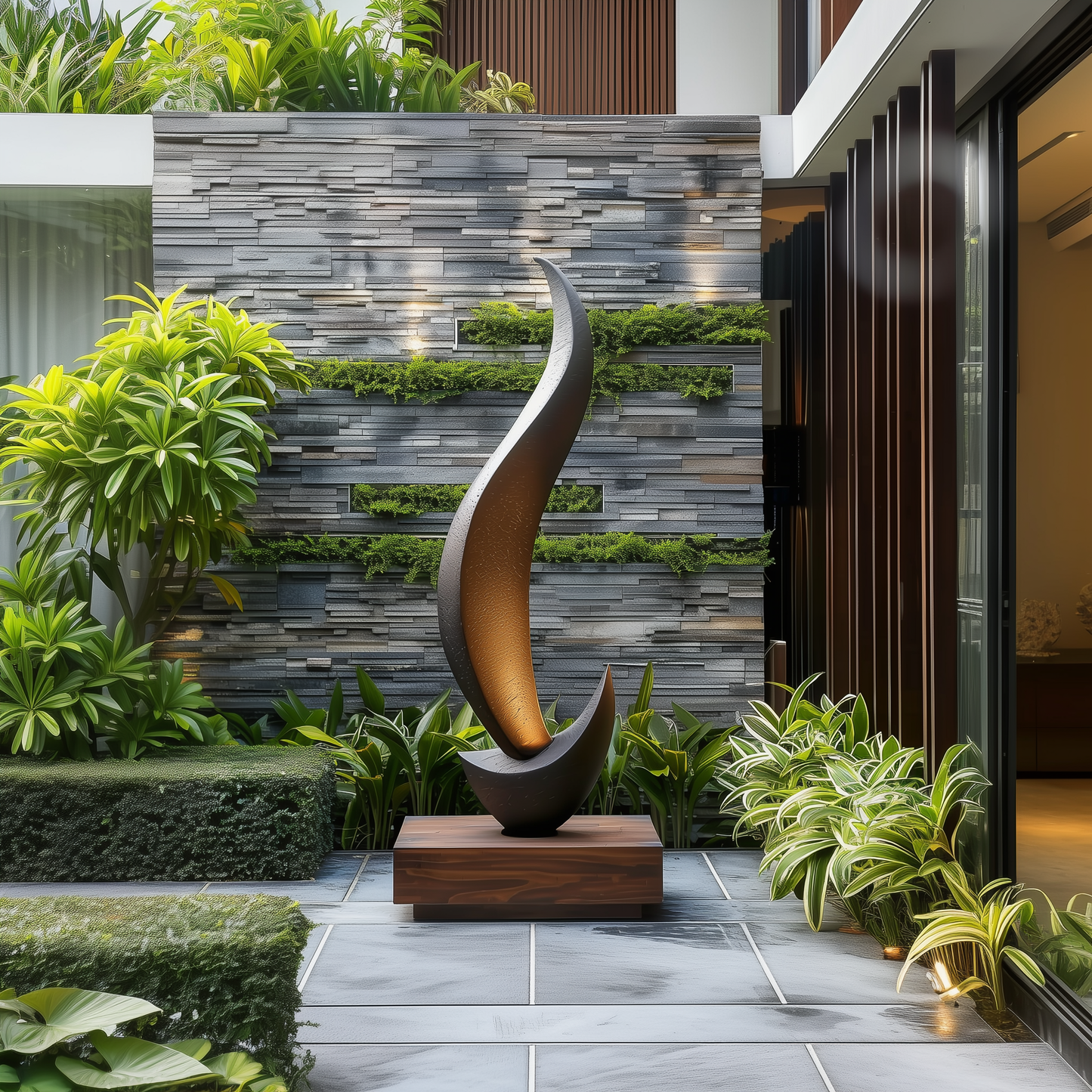 Tall Abstract Flame Sculpture, Modern Black Outdoor Garden Art, Hand Carved Wooden Statement Decor, Luxury Contemporary Yard Accent