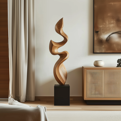 Hand Carved Wooden Flame Sculpture, Tall Abstract Spiral Infinity Form, Organic Modern Floor Art, Luxury Statement Home Decor