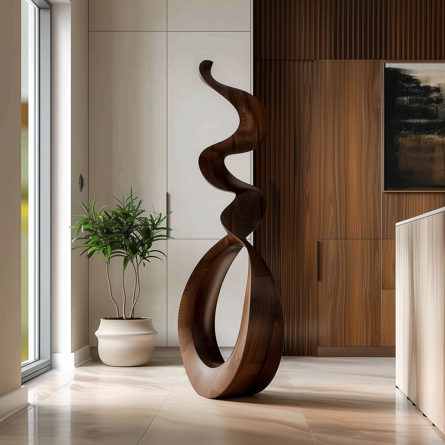 Tall Wooden Flame Spiral Sculpture Hand Carved Solid Wood Abstract Infinity Loop Modern Luxury Home Decor