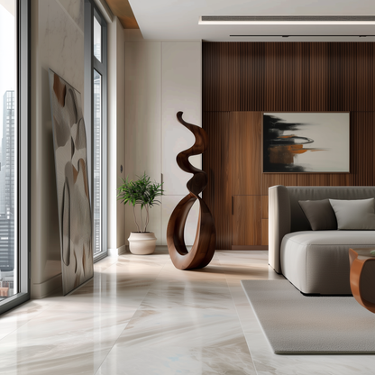 Tall Wooden Flame Spiral Sculpture Hand Carved Solid Wood Abstract Infinity Loop Modern Luxury Home Decor