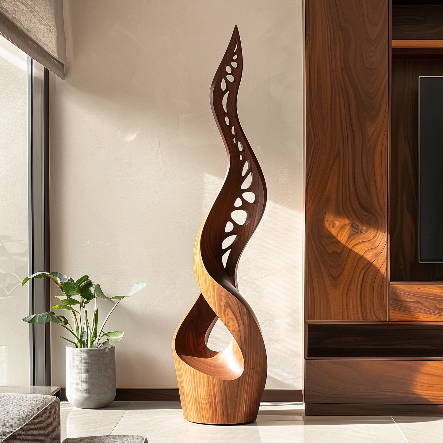 Tall Wooden Sculpture with Cutout Design – Handmade Modern Abstract Double Twist | Solid Wood Organic Carved Floor Art Home Decor