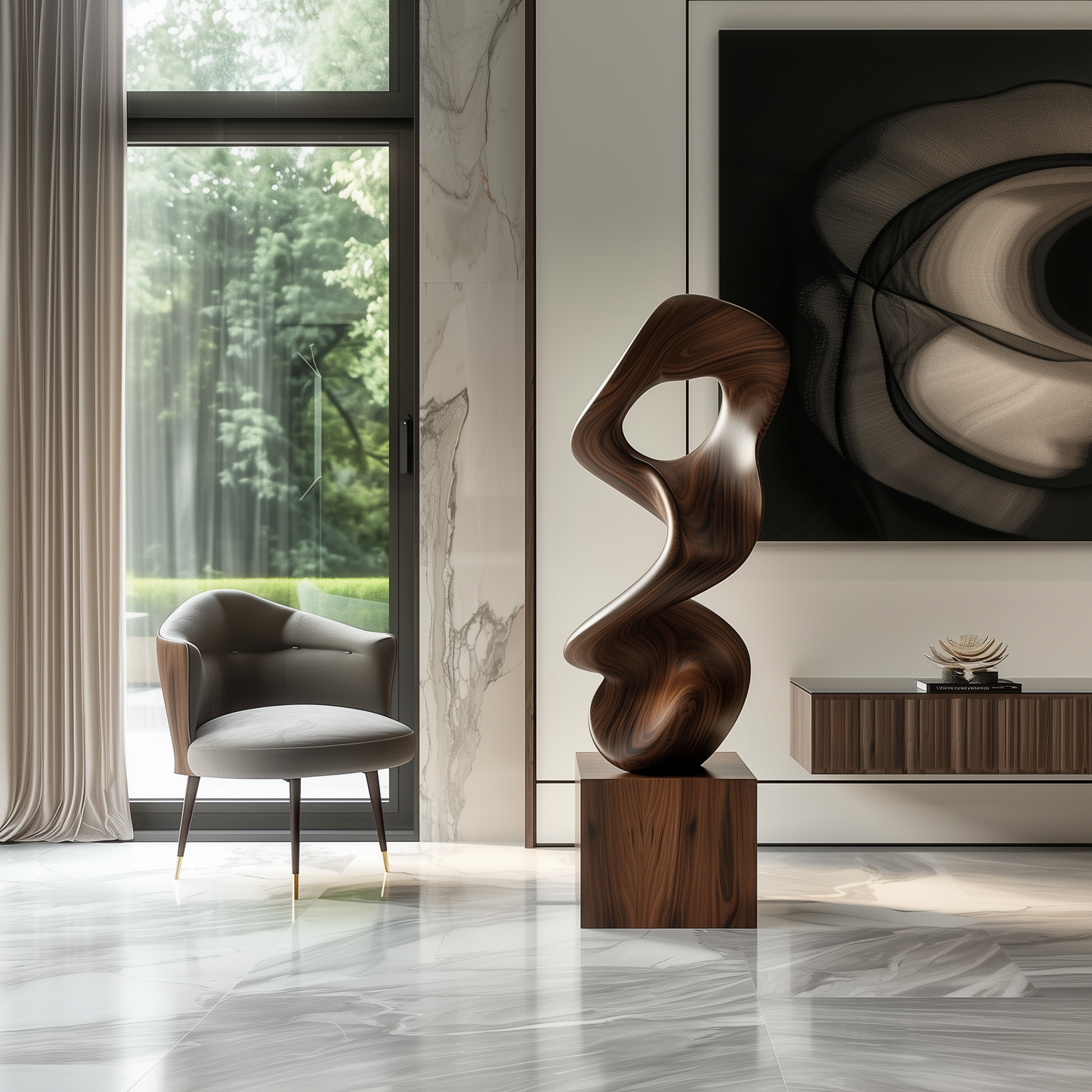 Abstract Organic Wooden Sculpture Hand Carved Solid Wood Hollow Form Modern Luxury Statement Home Decor