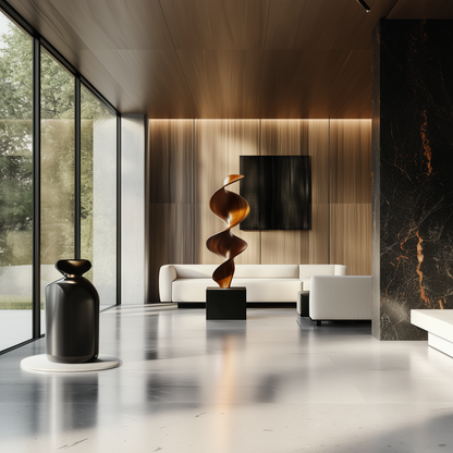 Tall Spiral Wave Wooden Sculpture – Handmade Modern Abstract Layered Twist | Solid Wood Polished Floor Art Contemporary Home Decor