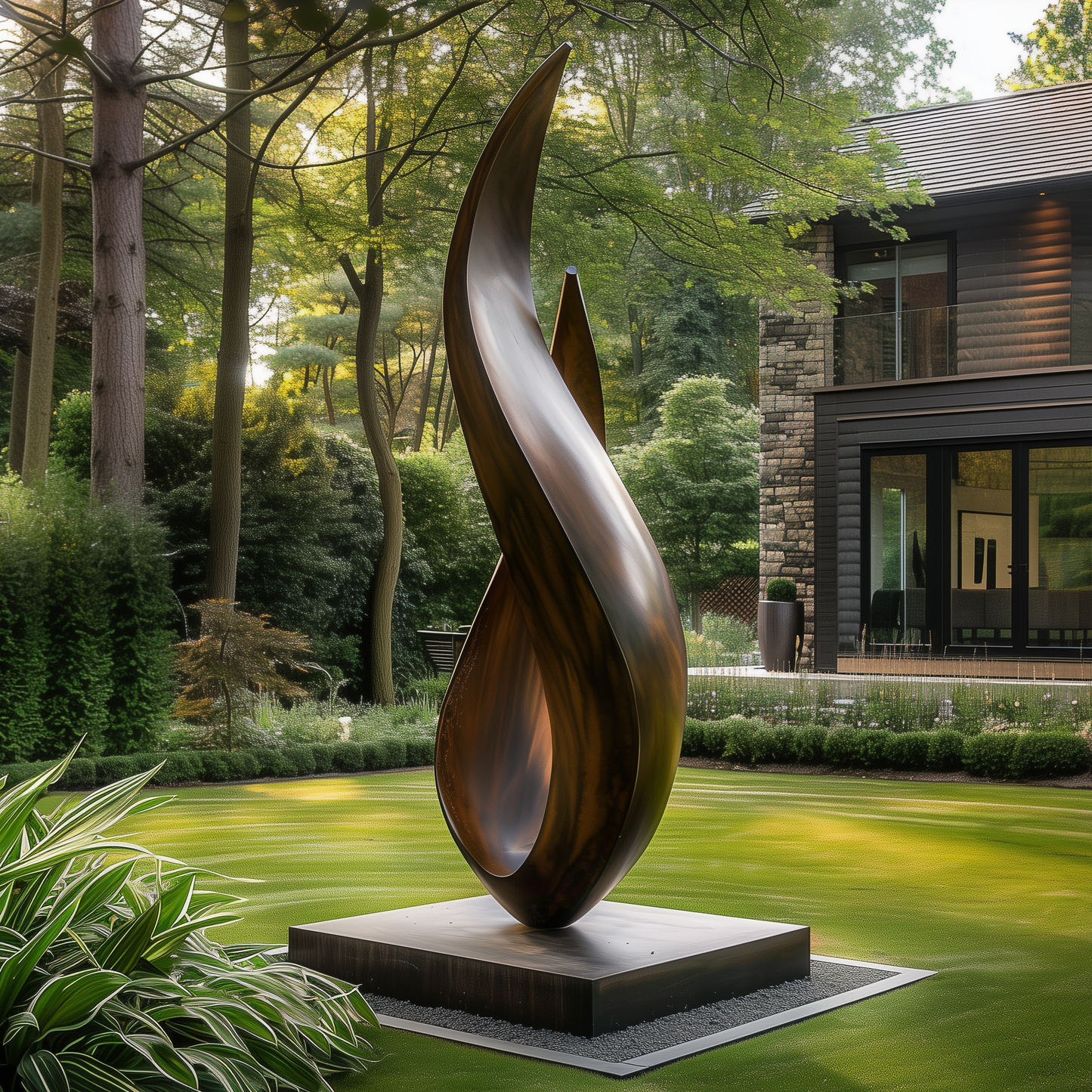 Large Abstract Flame Twist Wooden Sculpture, Modern Outdoor Garden Statement Art, Hand Carved Solid Wood Monument Decor