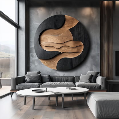 Large Round Wooden Wall Sculpture, Layered Wave Carving, Black & Natural Wood Modern Abstract Wall Art, Luxury Statement Decor