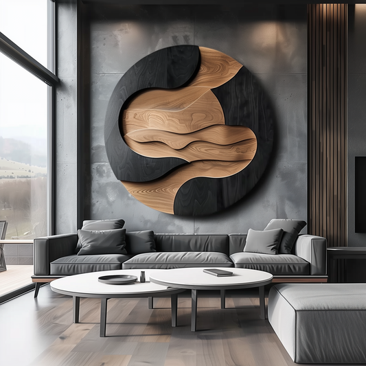 Large Round Wooden Wall Sculpture, Layered Wave Carving, Black & Natural Wood Modern Abstract Wall Art, Luxury Statement Decor