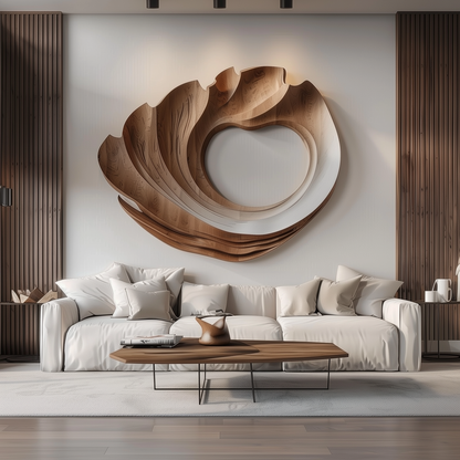 Hand-Carved Wooden Spiral Wave Wall Sculpture, Large 3D Abstract Hollow Circle Art, Modern Organic Luxury Statement Home Decor