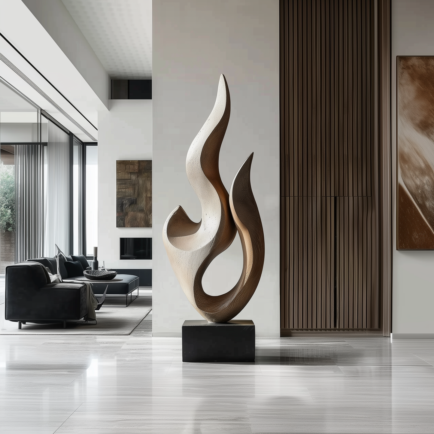 Hand Carved Abstract Wooden Flame Sculpture, Modern Two Tone Organic Twist Art, Luxury Large Statement Floor Decor, Contemporary Wood Artwork