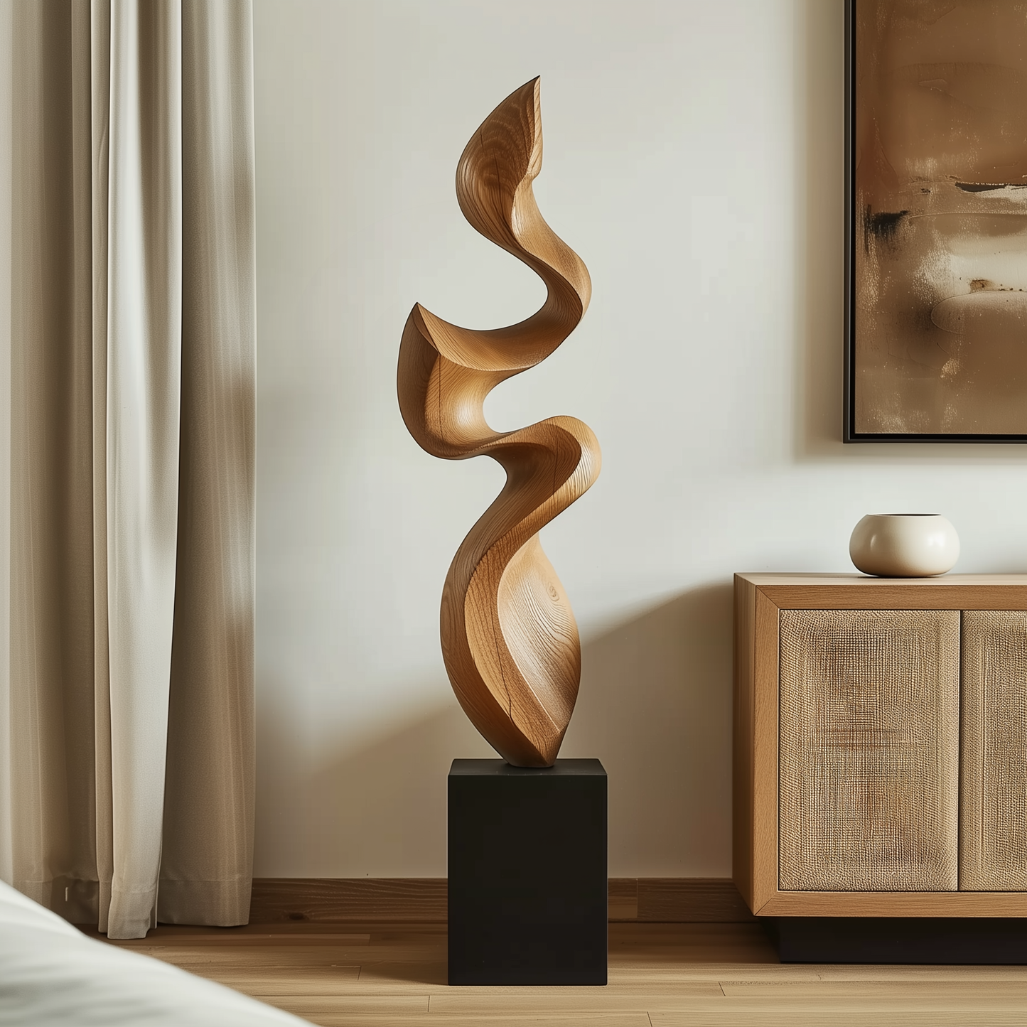 Hand Carved Wooden Flame Sculpture, Tall Abstract Spiral Infinity Form, Organic Modern Floor Art, Luxury Statement Home Decor