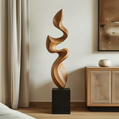 Hand Carved Wooden Flame Sculpture, Tall Abstract Spiral Infinity Form, Organic Modern Floor Art, Luxury Statement Home Decor