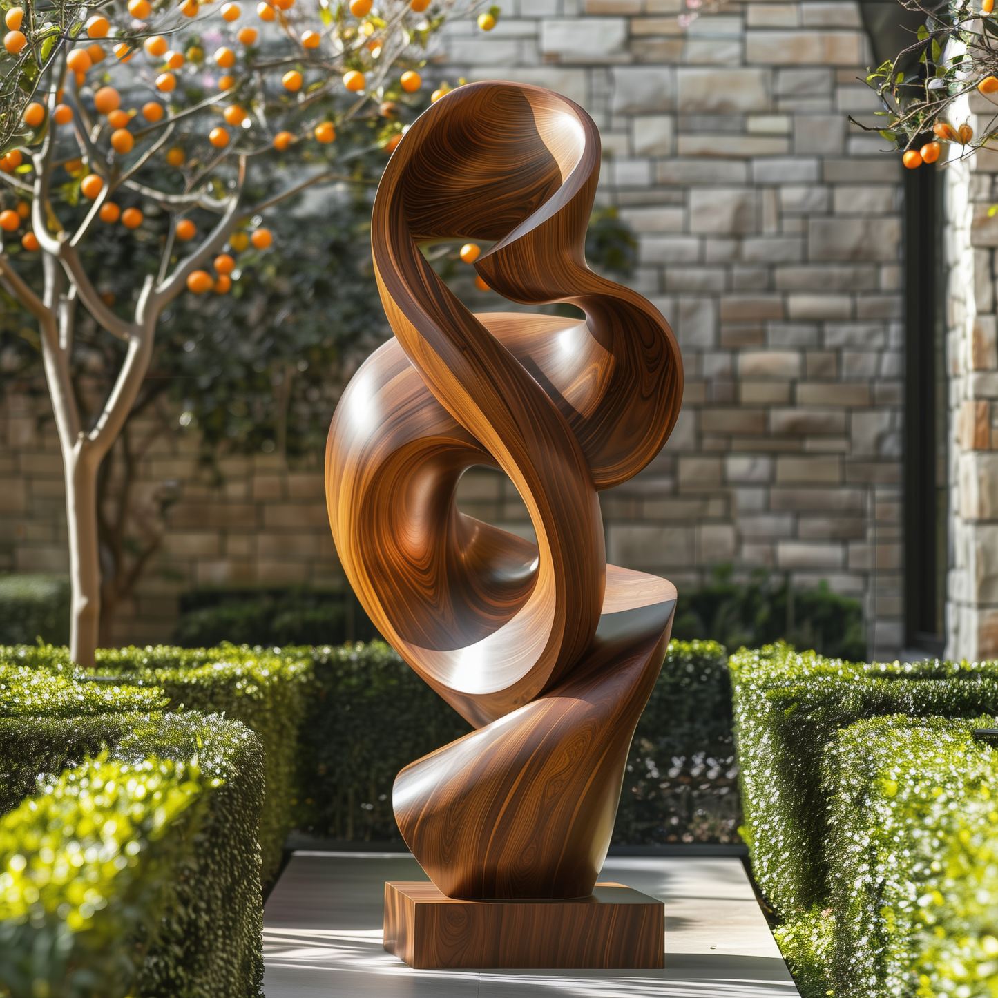 Large Abstract Wooden Sculpture – Handmade Modern Twisted Loop Design | Solid Wood Polished Outdoor Garden Art Contemporary Decor