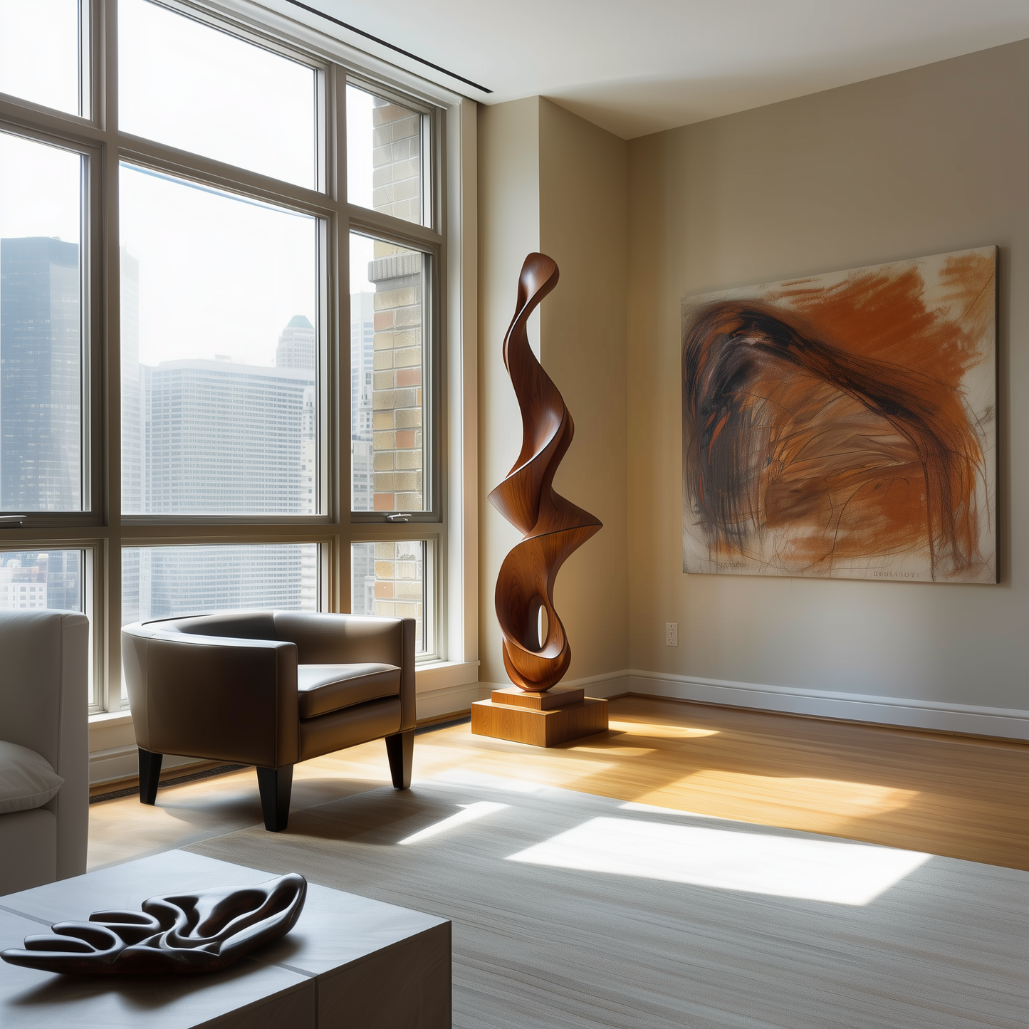 Hand Carved Tall Wooden Flame Twist Sculpture with Hollow Loop, Modern Abstract Floor Art, Luxury Statement Decor, Organic Wood Form