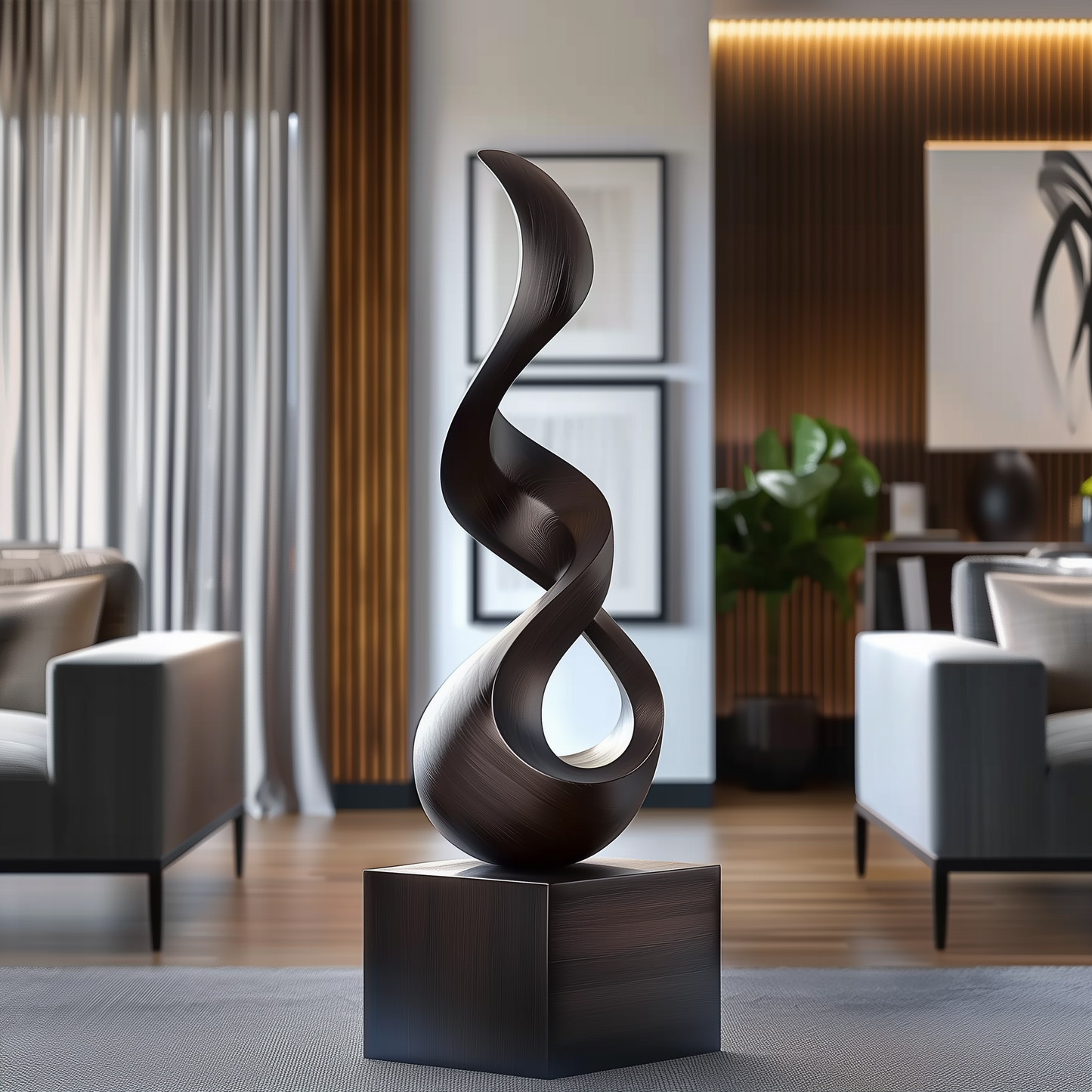 Hand Carved Black Wood Infinity Sculpture, Abstract Modern Floor Art, Organic Twist Statement Decor, Luxury Minimalist Home Sculpture