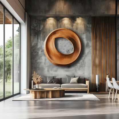 Large Hand-Carved Wooden Hollow Ring Wall Sculpture, 3D Organic Abstract Circle Art, Modern Luxury Statement Wall Decor