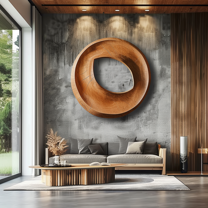 Large Hand-Carved Wooden Hollow Ring Wall Sculpture, 3D Organic Abstract Circle Art, Modern Luxury Statement Wall Decor