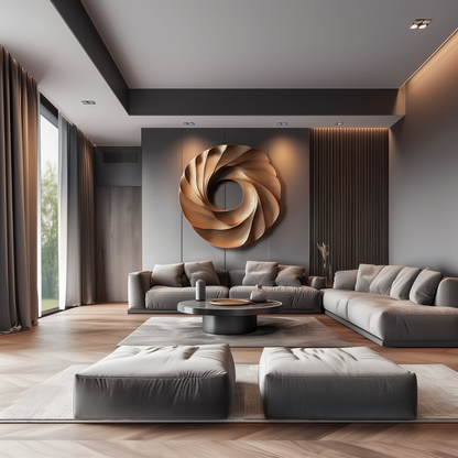Large Wooden Wall Sculpture, Modern Abstract Spiral Wood Art, Hand Carved Circular Wall Decor for Luxury Living Room