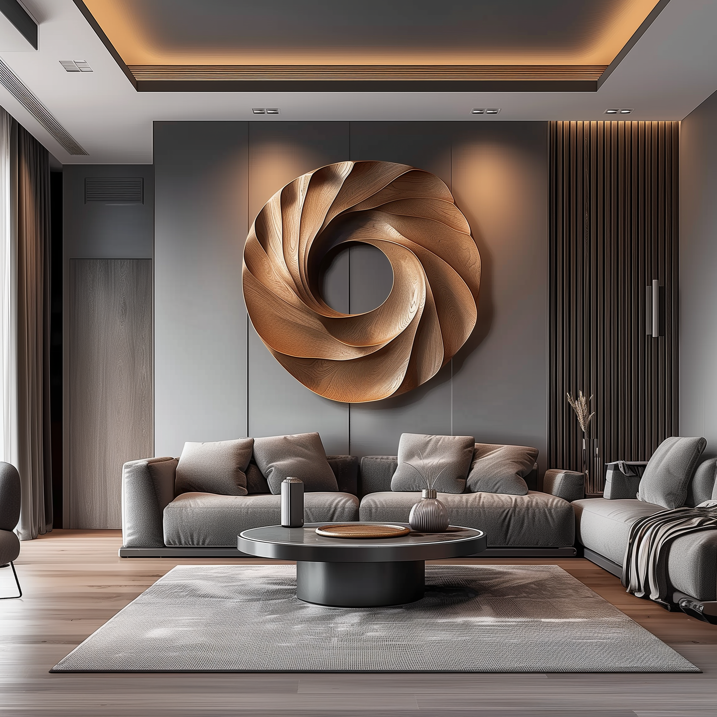 Large Wooden Wall Sculpture, Modern Abstract Spiral Wood Art, Hand Carved Circular Wall Decor for Luxury Living Room