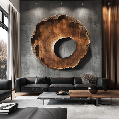 Large Hand-Carved Wooden Tree Ring Wall Sculpture, 3D Organic Abstract Hollow Circle Art, Modern Luxury Statement Wall Decor