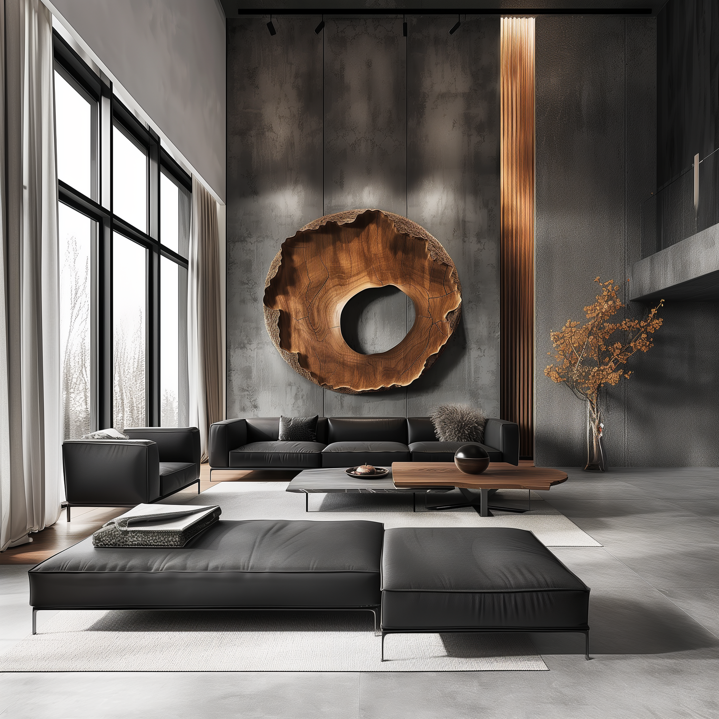 Large Hand-Carved Wooden Tree Ring Wall Sculpture, 3D Organic Abstract Hollow Circle Art, Modern Luxury Statement Wall Decor