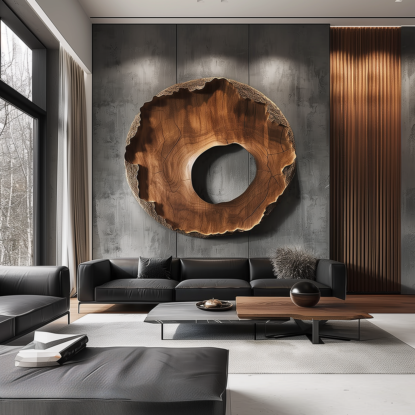 Large Hand-Carved Wooden Tree Ring Wall Sculpture, 3D Organic Abstract Hollow Circle Art, Modern Luxury Statement Wall Decor