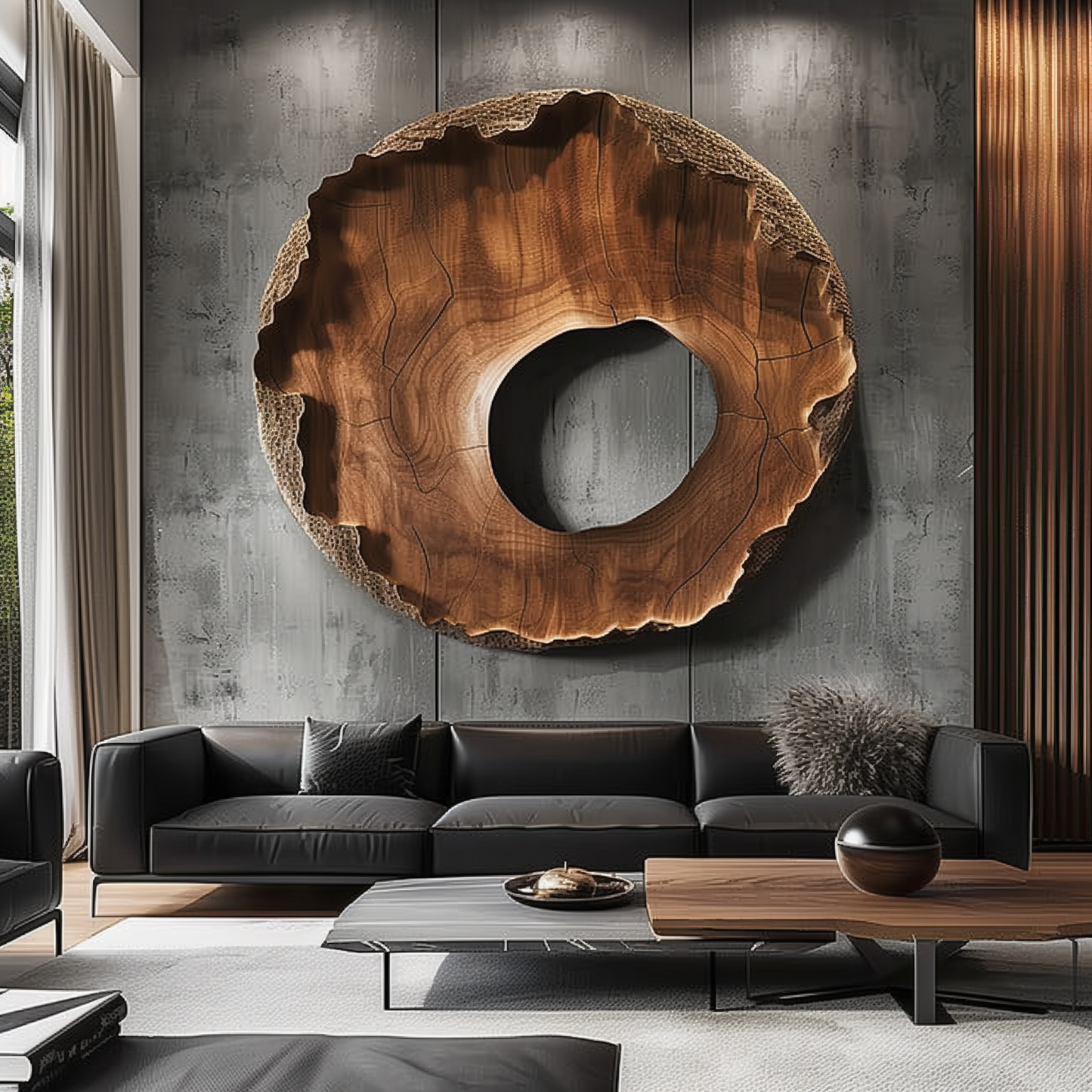 Large Hand-Carved Wooden Tree Ring Wall Sculpture, 3D Organic Abstract Hollow Circle Art, Modern Luxury Statement Wall Decor
