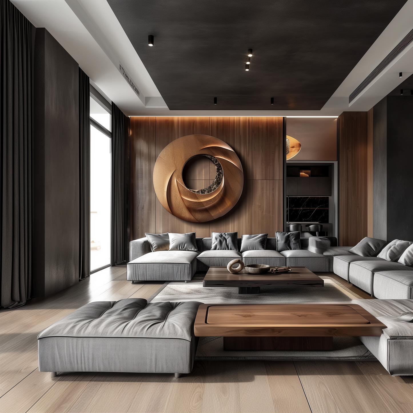 Large Hand-Carved Wooden Spiral Ring Wall Sculpture, 3D Abstract Hollow Circle Art, Modern Luxury Statement Wall Decor