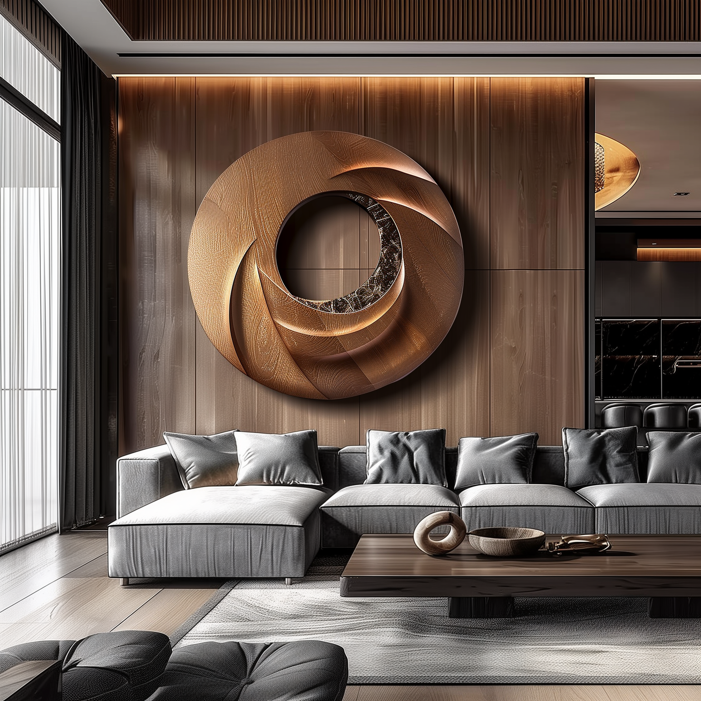 Large Hand-Carved Wooden Spiral Ring Wall Sculpture, 3D Abstract Hollow Circle Art, Modern Luxury Statement Wall Decor