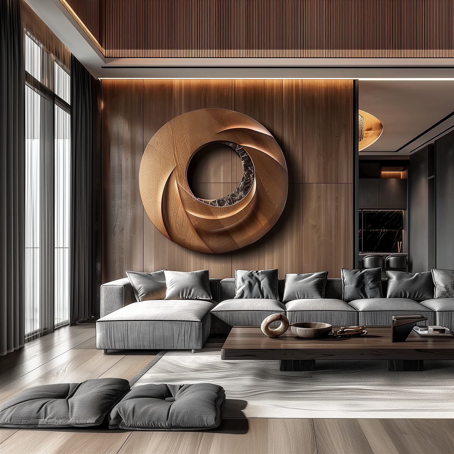 Large Hand-Carved Wooden Spiral Ring Wall Sculpture, 3D Abstract Hollow Circle Art, Modern Luxury Statement Wall Decor