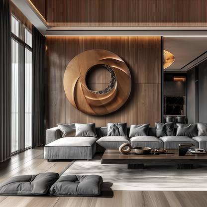 Large Hand-Carved Wooden Spiral Ring Wall Sculpture, 3D Abstract Hollow Circle Art, Modern Luxury Statement Wall Decor