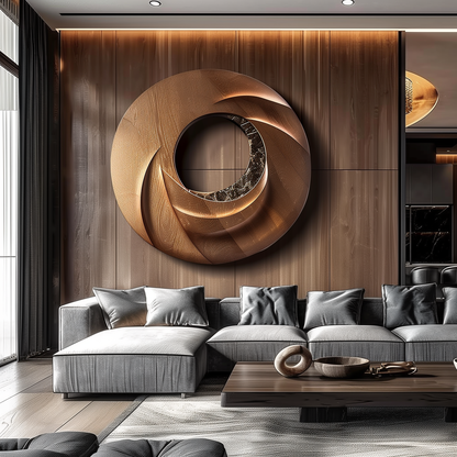 Large Hand-Carved Wooden Spiral Ring Wall Sculpture, 3D Abstract Hollow Circle Art, Modern Luxury Statement Wall Decor