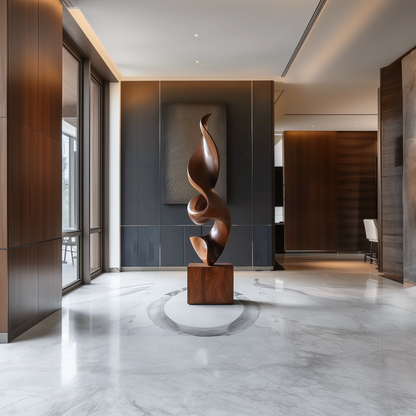 Hand Carved Abstract Wooden Flame Sculpture, Modern Organic Spiral Art, Luxury Large Statement Floor Decor, Minimal Contemporary Wood Artwork