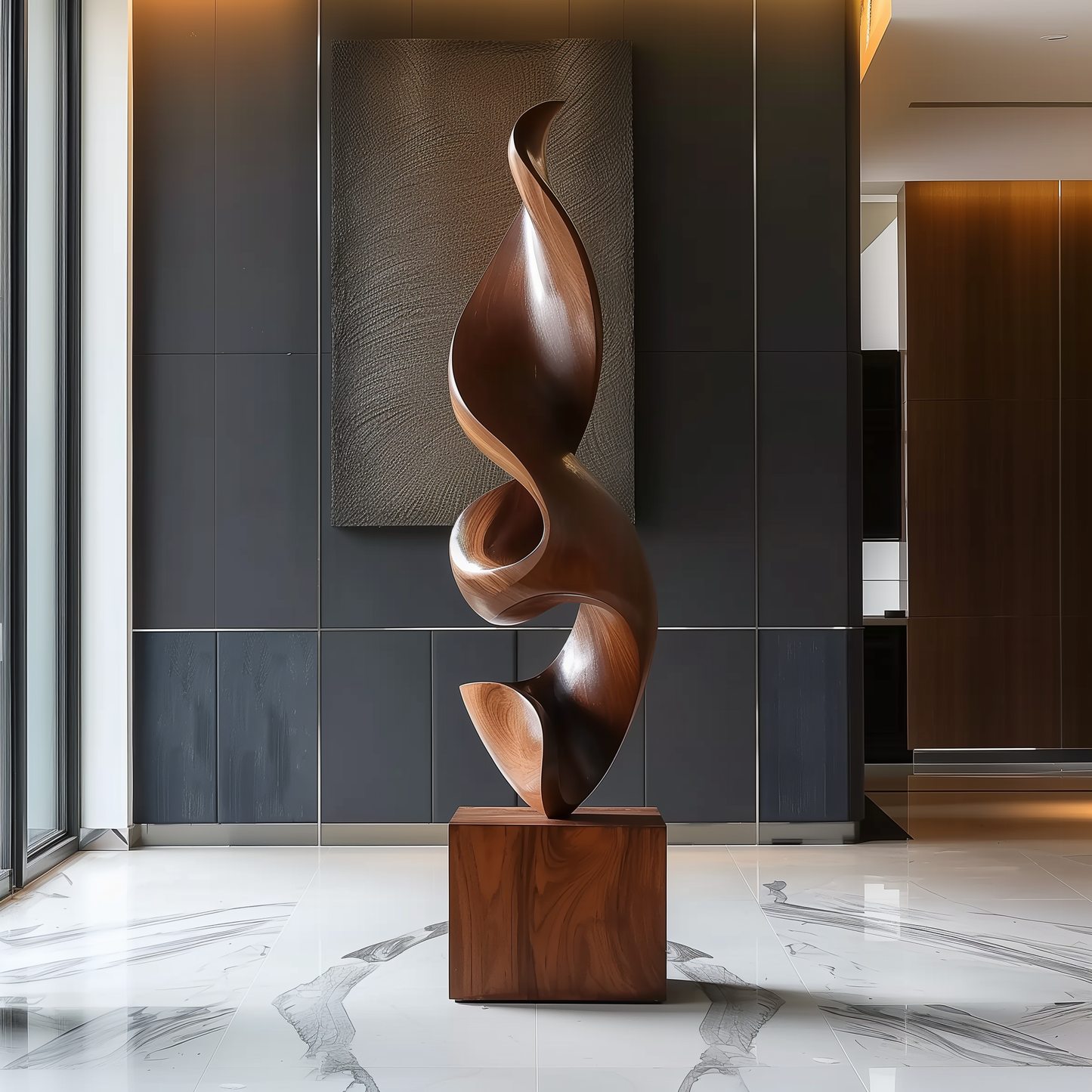 Hand Carved Abstract Wooden Flame Sculpture, Modern Organic Spiral Art, Luxury Large Statement Floor Decor, Minimal Contemporary Wood Artwork