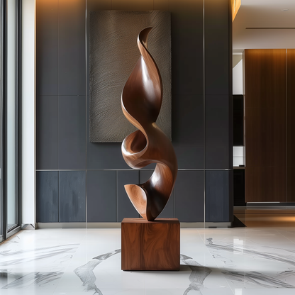 Hand Carved Abstract Wooden Flame Sculpture, Modern Organic Spiral Art, Luxury Large Statement Floor Decor, Minimal Contemporary Wood Artwork