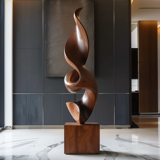 Hand Carved Abstract Wooden Flame Sculpture, Modern Organic Spiral Art, Luxury Large Statement Floor Decor, Minimal Contemporary Wood Artwork